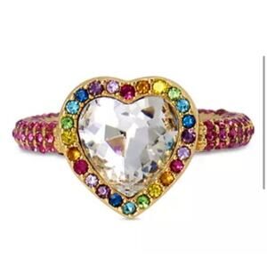 KURT GEIGER LONDON Rainbow Crystal Heart Cocktail Ring in Gold Tone